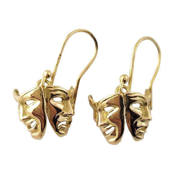 18K Yellow Gold Comedy Tragedy Theater Mask Earrings #16867